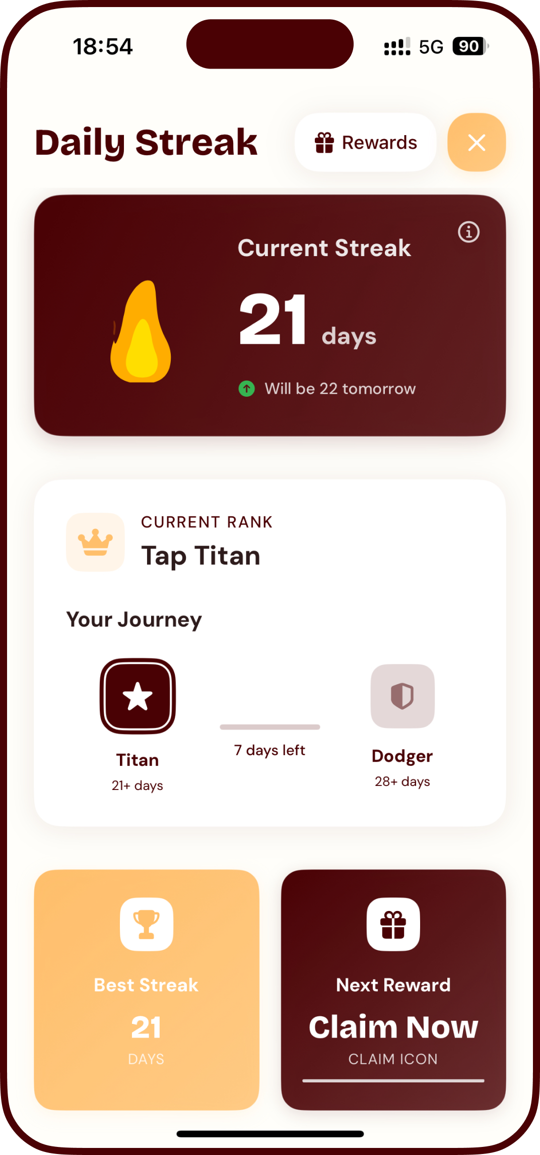 Hazel app rewards and streaks feature showing achievement tracking for screen time goals